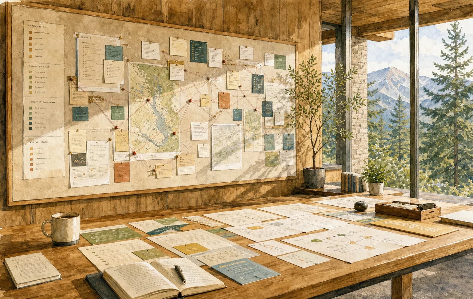 Research planning board with pathways and pinned notes