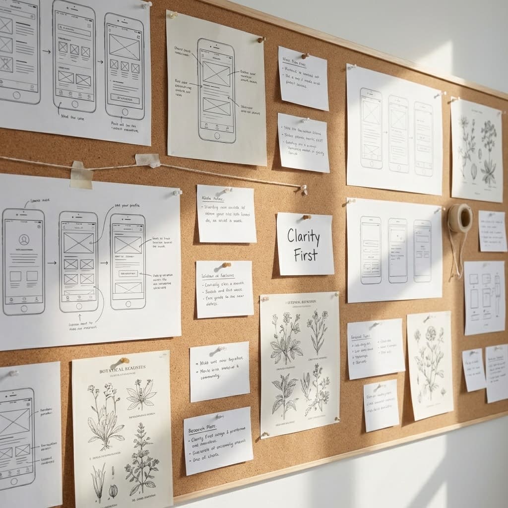 Research planning board with pathways and pinned notes