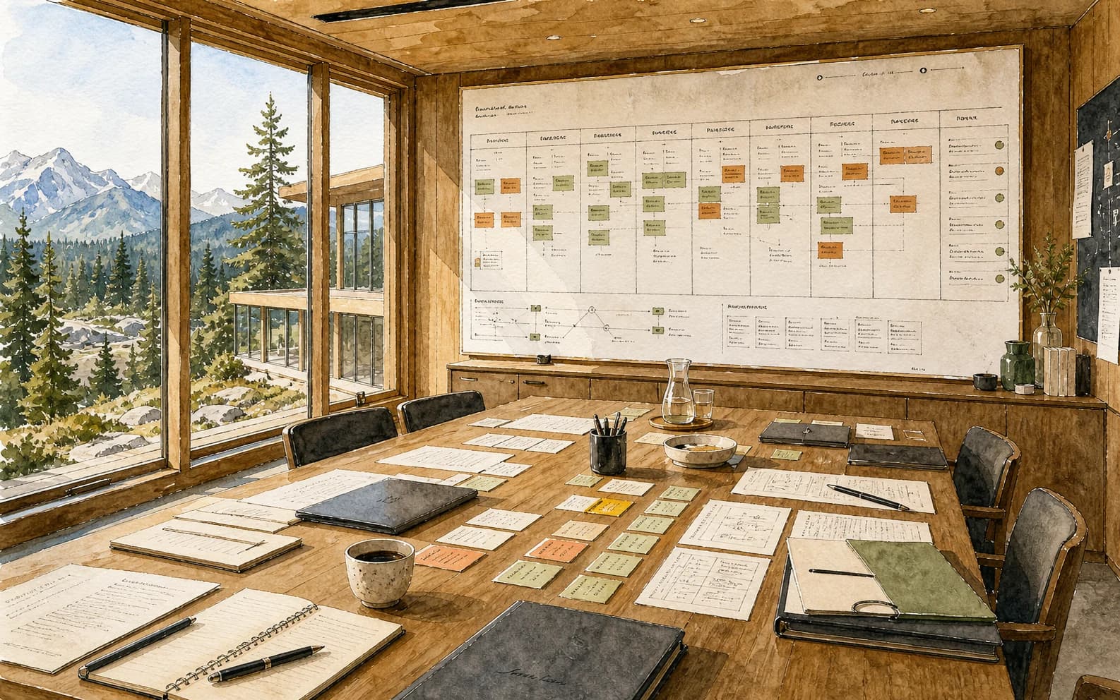 Baseera Labs boardroom with workflow maps, protocol sheets, and coordination materials